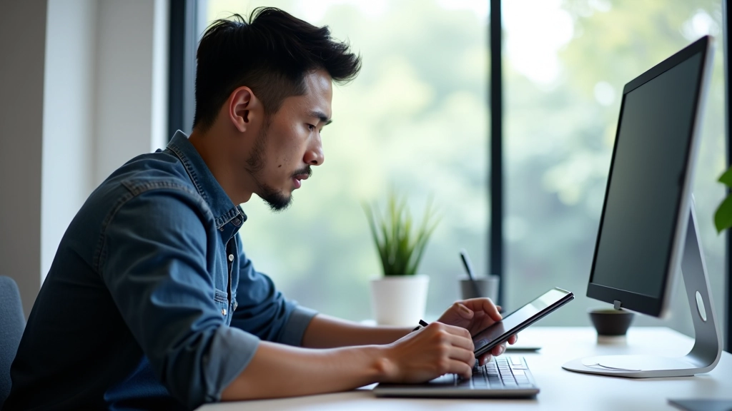 Designer working on mobile interface mockup at desk with stylus and tablet device