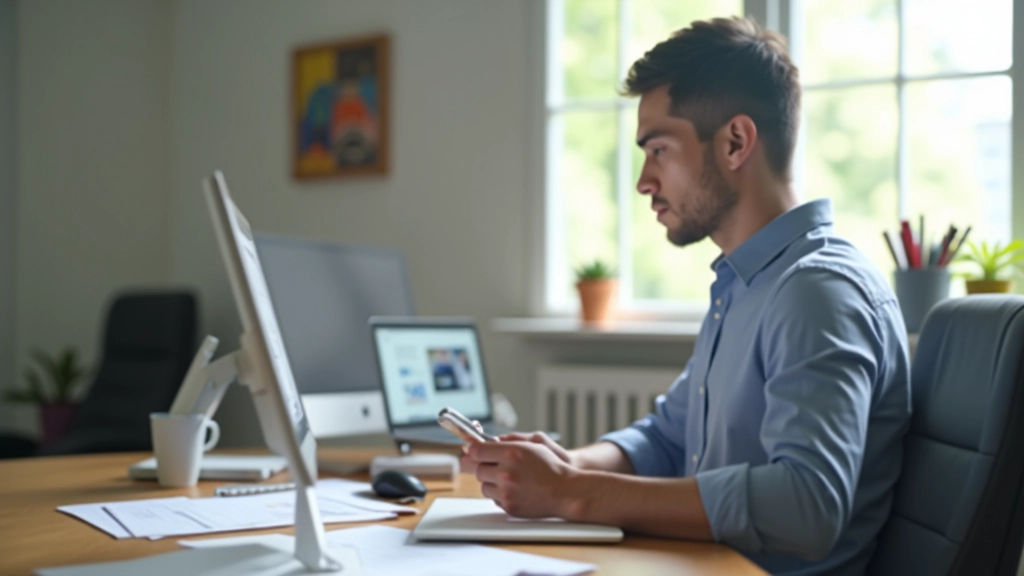 Designer working at desk with mobile design mockups and typography samples, showing hierarchy and heading structure planning