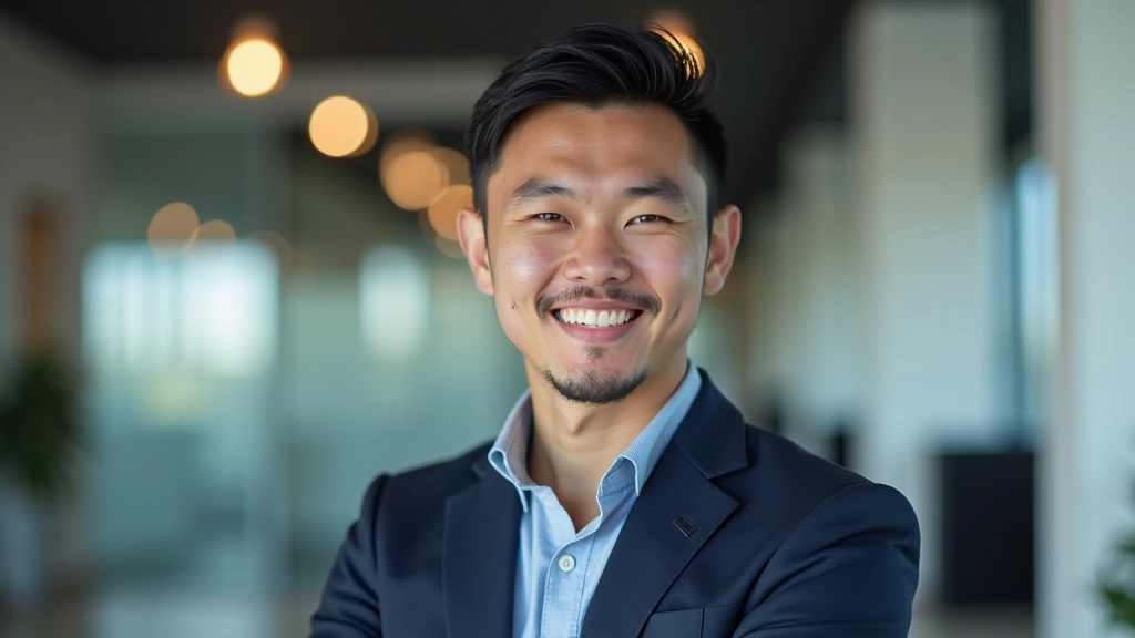 Mobile design specialist, professional portrait from chest up, confident expression, modern office setting, natural lighting