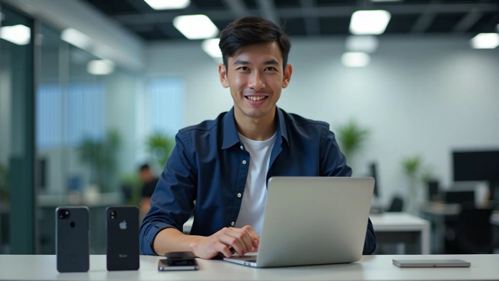 Mobile developer working at desk with multiple Android devices of different ages and capabilities for testing and performance evaluation