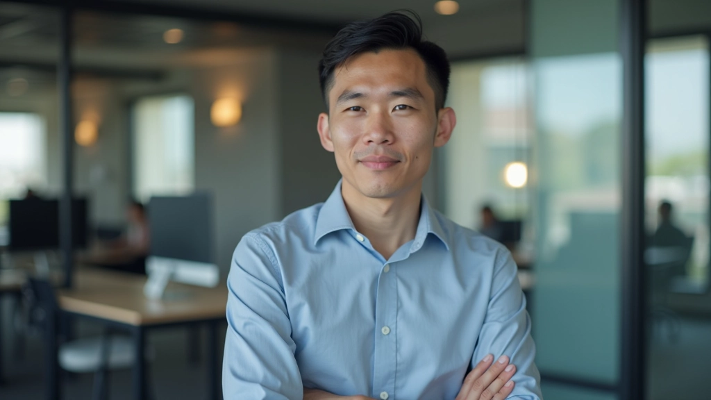 Frontend developer specializing in performance optimization, portrait shot from chest up in professional setting