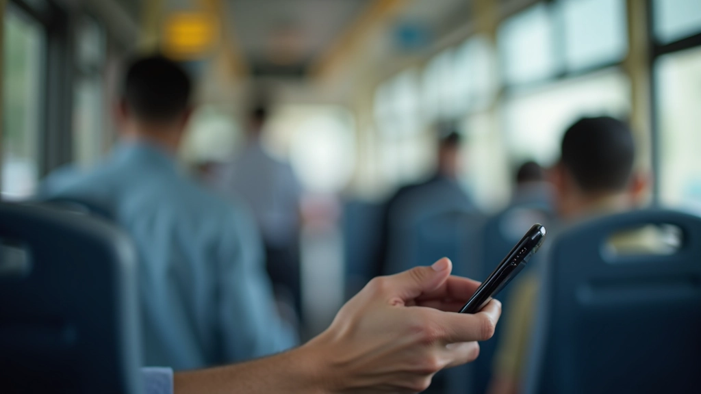 Person holding smartphone in one hand while commuting, demonstrating natural grip and thumb position