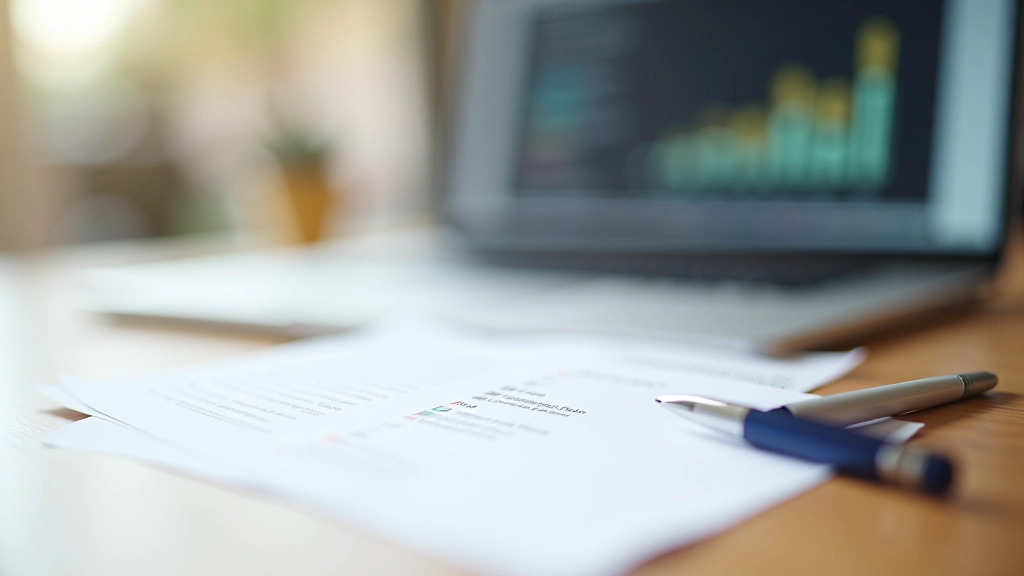 Checklist on paper with pen, performance metrics dashboard on laptop screen in background
