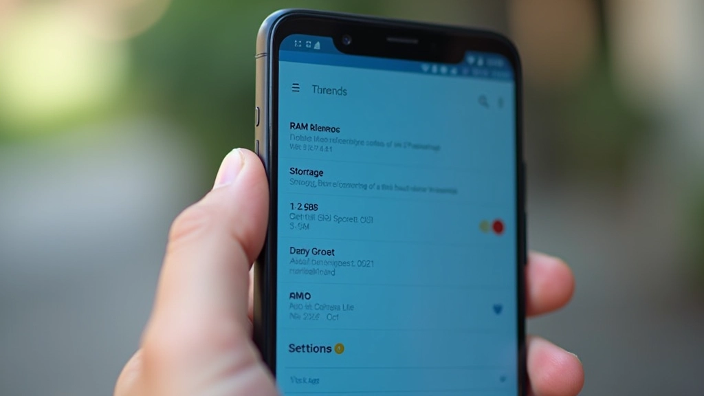 Close-up of budget Android smartphone showing processor specifications and available RAM memory in the settings menu