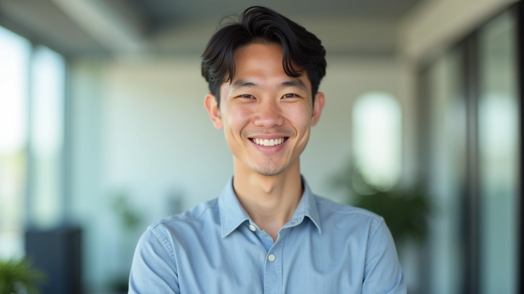 UX researcher focused on mobile behavior, professional headshot with friendly expression, bright office environment