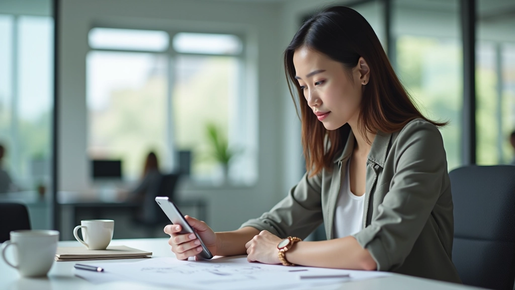 Maria Santos working at modern desk with design sketches, wireframes, and mobile devices showing Filipino app interfaces, bright office space with natural light
